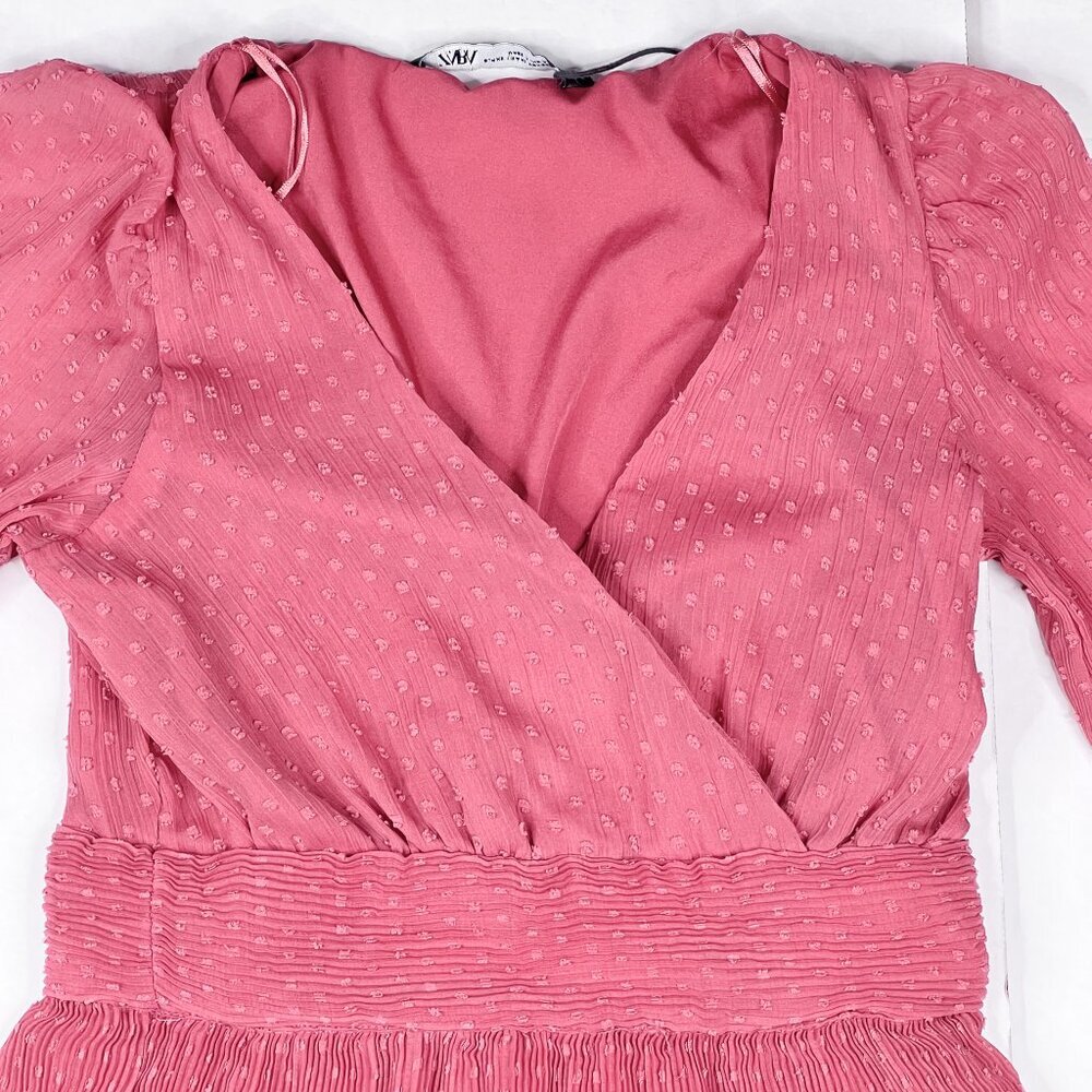 Zara Mauve Swiss Dot Surplice Tiered Ruffle Mini Dress Size‎ XS - Picture 4 of 9